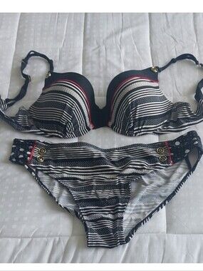 Tano Navy and White Striped Push-Up Bikini with Pink Trim